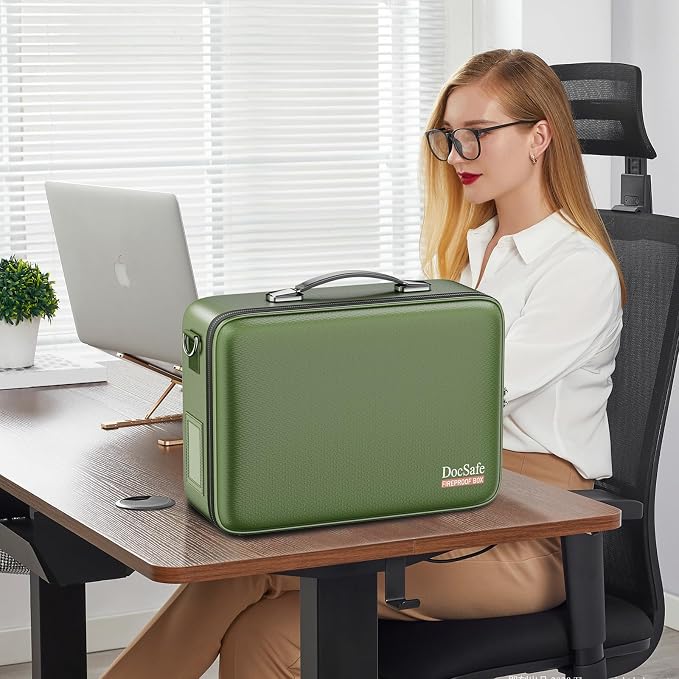 DocSafe Fireproof Document Box with Lock＆Shoulder Strap,Hard Case File Organizer with Accordion File Folder,Multi-Layer Portable Home Office Travel Safe Storage for Important Documents Laptop Green