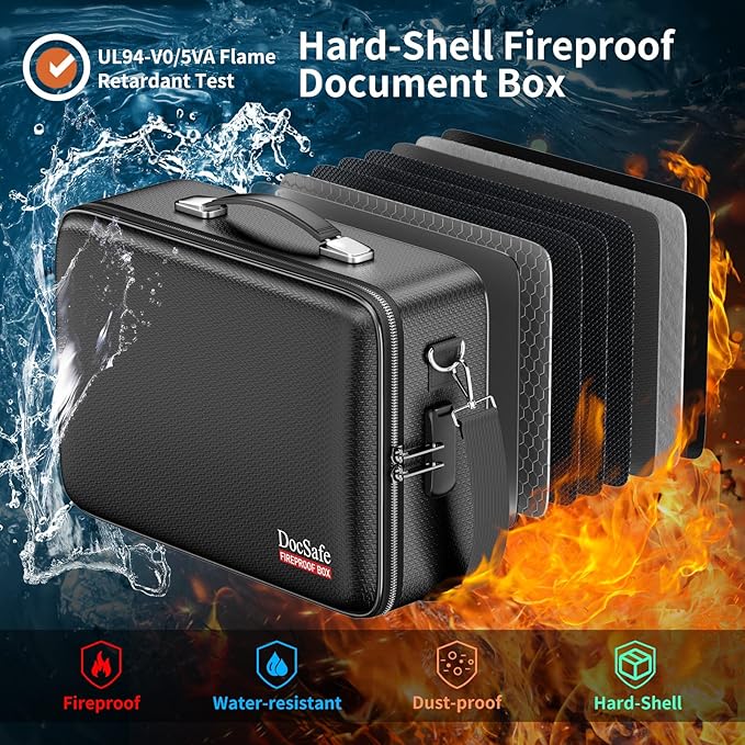 DocSafe Fireproof Document Box with Lock, Hard Case File Organizer with Accordion File Folder, Fireproof Water Resistant Safe Box Home Office Travel Storage for Important Documents Laptop Black