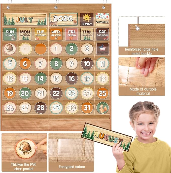 Sinload Classroom Calendar Pocket Chart Set Calendar Bulletin Board Set Seasons Festival Weather Pocket Chart for Classroom Decoration Back to School Supplies(Woodland,Wood Color)