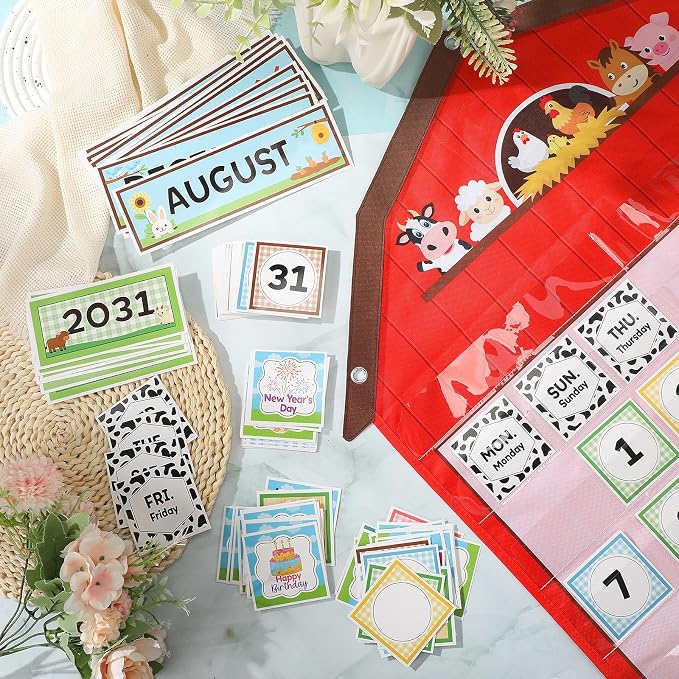 Sinload Classroom Calendar Pocket Chart Set Calendar Bulletin Board Set Seasons Festival Weather Pocket Chart for Classroom Decoration Back to School Supplies(Farm,Red)