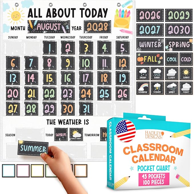 Large 45 Pockets Classroom Calendar Pocket Chart -24x29" Pocket Calendar, Teacher Calendars Bulletin Board Set, Elementary Kindergarten Preschool Classroom Decor, Chalkboard Bulletin Board Decorations