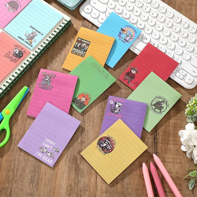12 Pcs Funny Sticky Notes for Work 4x3 Inches Sarcastic Self Adhesive Notepads Novelty Memo Pads for Office Coworker Gifts Employee Appreciation Supplies(Opossum-Lines,Multi Color)