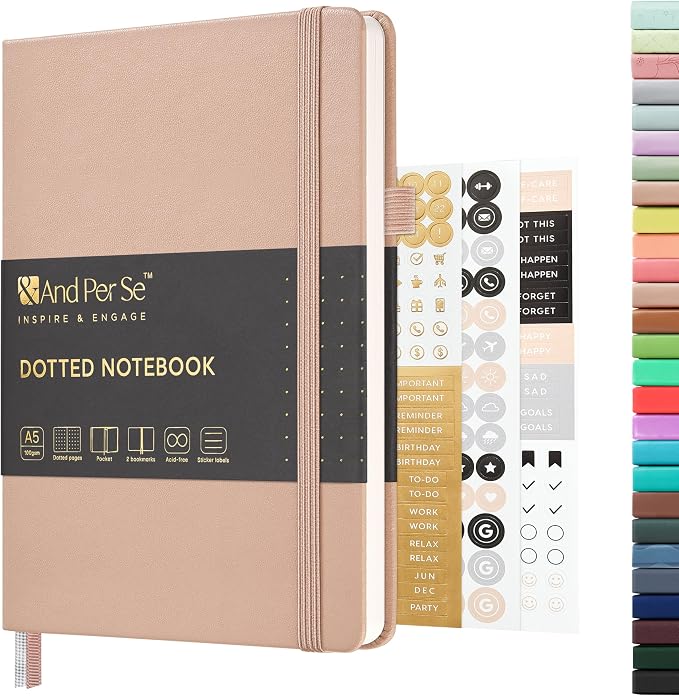 &And Per Se Dotted Journal Notebook, A5 Hardcover Leather Dotted Journal, 160 Pages 100gsm Thick Dot Grid Paper, 3 Sheets of Stickers Included - 5.7'' x 8'' (Apricot)