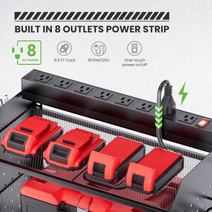 TRZZ Power Tool Organizer Wall Mount, 3-Layer Charging Station, Black | 8 Outlets, 6 Drill Holders, Drill Bit Rack, Efficient Organized Storage, for Garage, Workbench, Workshop