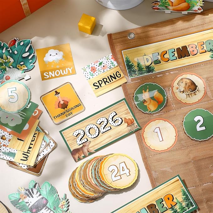Sinload Classroom Calendar Pocket Chart Set Calendar Bulletin Board Set Seasons Festival Weather Pocket Chart for Classroom Decoration Back to School Supplies(Woodland,Wood Color)