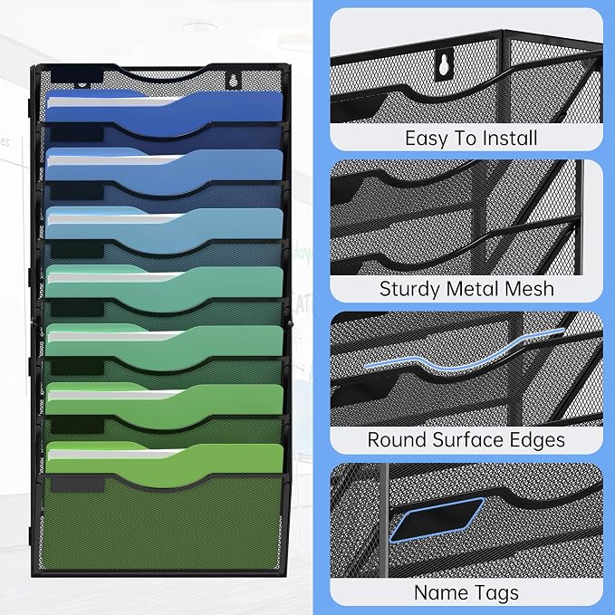 Kuntine.B Wall File Organizer Office Hanging Magazine Holder Wall File Organizer for Office Home (Black, 8 Tier)