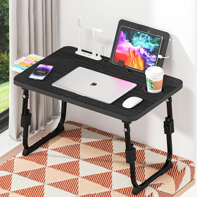 Lap Desk for Bed, Adjustable Laptop Desk with USB Charging Port, Storage Drawer & Bookshelf — Foldable Bed Desk for WFH & Students, 23.6" Desktop Fits 17" Laptop, Non-Slip, Black