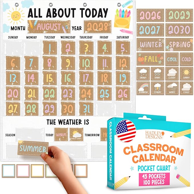 Large 45 Pockets Classroom Calendar Pocket Chart - 24x29" Pocket Calendar, Teacher Calendars Bulletin Board Set, Elementary Kindergarten Preschool Classroom Decor, Kraft Bulletin Board Decorations