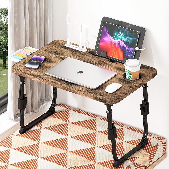 Lap Desk for Bed, Adjustable Laptop Desk with USB Charging Port, Storage Drawer & Bookshelf — Foldable Bed Desk for WFH & Students, 23.6" Desktop Fits 17" Laptop, Non-Slip, Carbonized