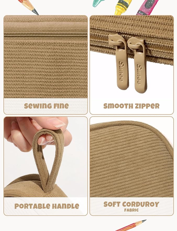 SUNEE Cute Pencil Case, Large Pencil Pouch, Soft Corduroy Fabric Big Pencil Bag with Zipper, Kawaii Pen Bag Stationery Storage and Organizer, School Supplies for Teen, Student, Boys, Girls, Khaki