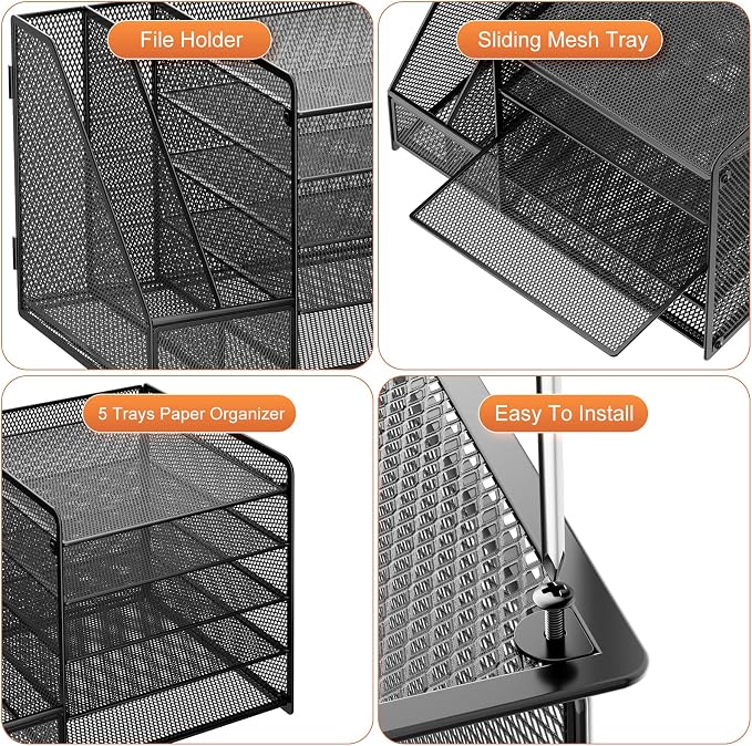 Marbrasse Desk Organizer with File Holder, 5-Tier Paper Letter Tray Organizer, Mesh Desk Organizers and Accessories with Magazine Holder, Desktop Storage for Office Supplies (Black)