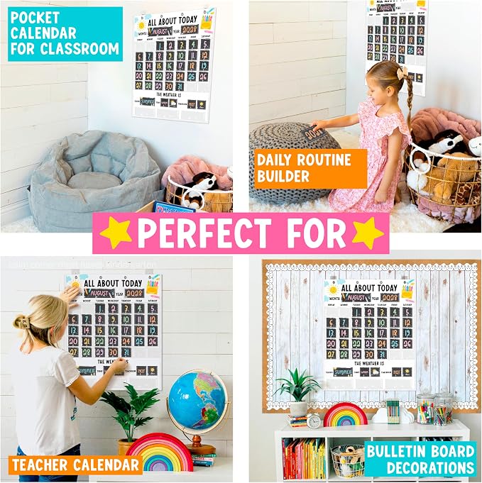 Large 45 Pockets Classroom Calendar Pocket Chart -24x29" Pocket Calendar, Teacher Calendars Bulletin Board Set, Elementary Kindergarten Preschool Classroom Decor, Chalkboard Bulletin Board Decorations