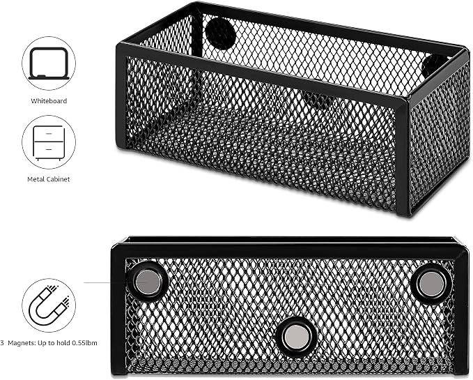 Amazon Basics Magnetic Storage Baskets, Mesh Organizers for Office Supplies and Workspace, 6" x 2.5" x 2.2", Black, 3-Pack