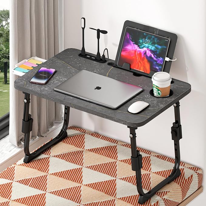 Lap Desk for Bed, Adjustable Laptop Desk with USB Charging Port, Storage Drawer & Bookshelf — Foldable Bed Desk for WFH & Students, 23.6" Desktop Fits 17" Laptop, Non-Slip, Deep Stone Texture