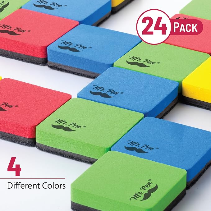 Mr. Pen- Mini Magnetic Dry Erase Erasers, 2" x 2", 24 Pack | Colorful Small Magnetic Whiteboard Dry Erase Erasers Bulk for Kids, Teachers, Students and Classroom Supplies