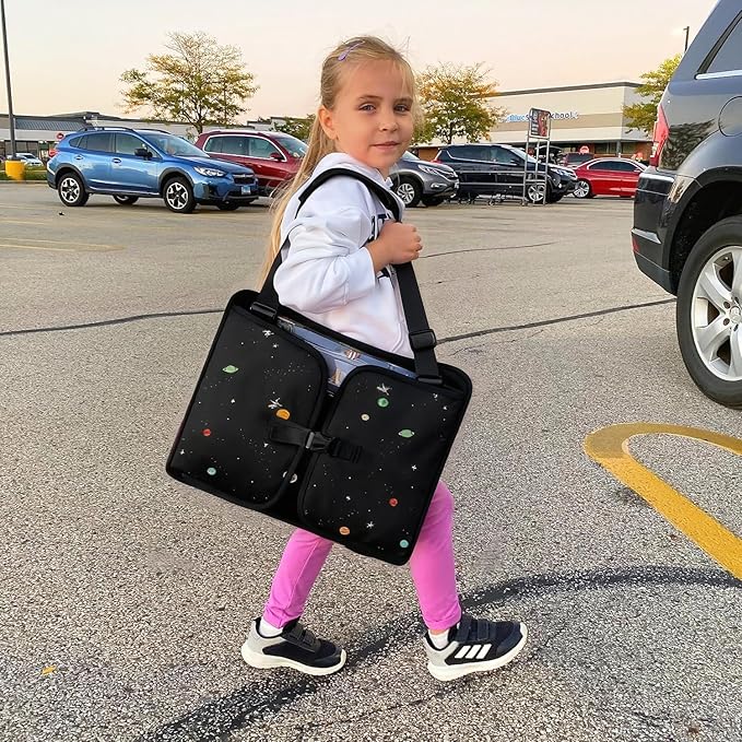 MENZOKЕ Kids Travel Tray, Road Trip Activities for Kids Toddlers | Toddler Car Activities with No-Drop iPad Holder Stand, Roadtrip Essentials with Dry Erase Board & Cooler Cup Holder, Black