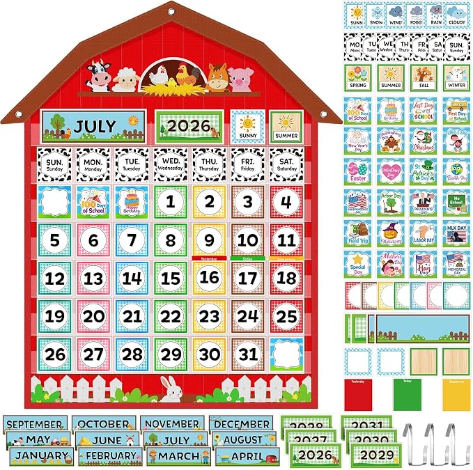 Sinload Classroom Calendar Pocket Chart Set Calendar Bulletin Board Set Seasons Festival Weather Pocket Chart for Classroom Decoration Back to School Supplies(Farm,Red)