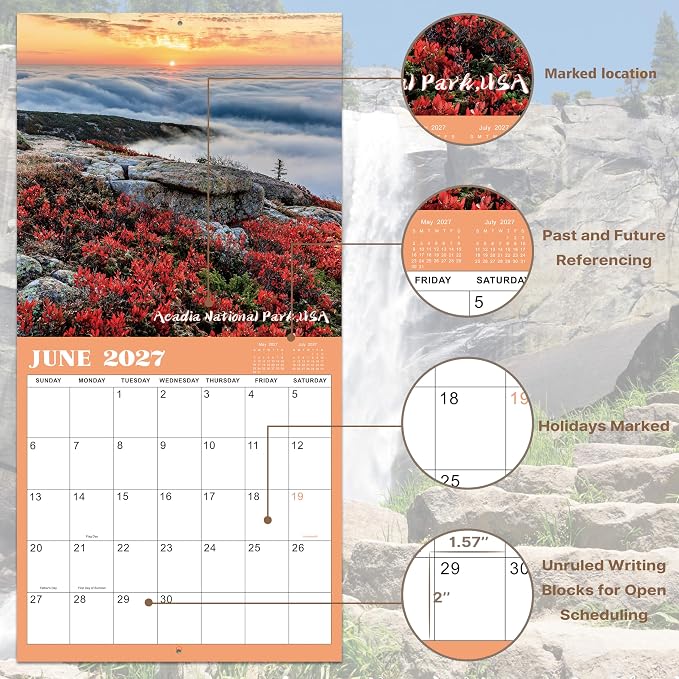 Calendar 2026-2027 - Jul. 2026 - Dec. 2027, Wall Calendar, 26-27 Calendar, 12'' × 24''(Open), Wall Calendars 2026-2027 with Thick Paper, Large Blocks, Hanging Holes, National Parks Wall Calendar