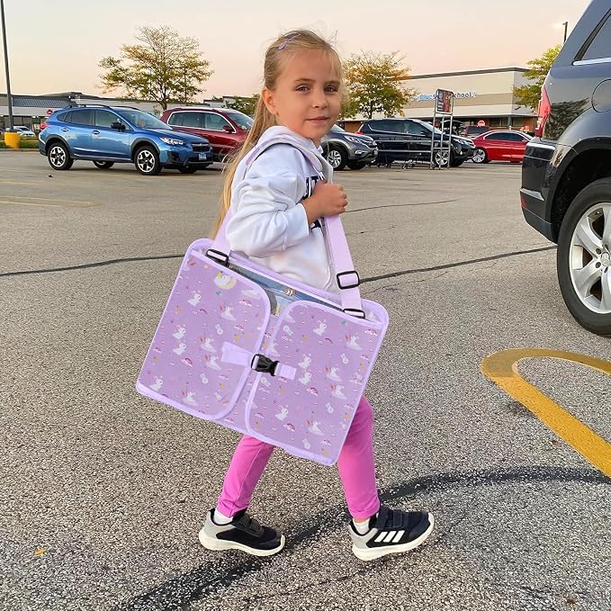 MENZOKE Kids Travel Tray for Toddler Car Seat, Toddler Gift for Girl Activities with Dry Erase Board & iPad Holder Stand, Road Trip Essentials Accessories Lap Tray for Girl as Birthday Gift, Purple