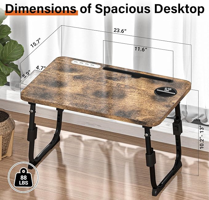 Lap Desk for Bed, Adjustable Laptop Desk with USB Charging Port, Storage Drawer & Bookshelf — Foldable Bed Desk for WFH & Students, 23.6" Desktop Fits 17" Laptop, Non-Slip, Carbonized