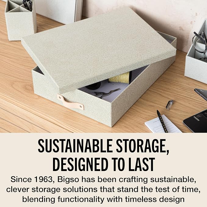 Bigso Oskar Fiberboard Document Storage Box with Lid for A4 and Letter Size Papers - Stylish, Sturdy, and Stackable Keepsake Box with Leather Handle - W10.2in x D13.8in x H3.3in - Waves Gold
