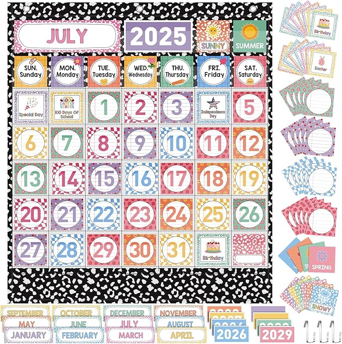 Sinload Classroom Calendar Pocket Chart Set Calendar Bulletin Board Set Seasons Festival Weather Pocket Chart for Classroom Decoration Back to School Supplies(Cool,Black White)