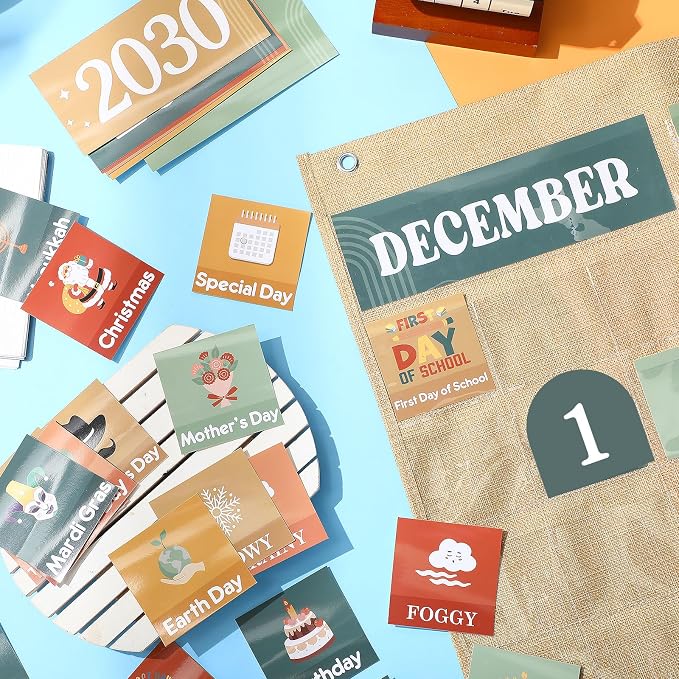 Sinload Classroom Calendar Pocket Chart Set Calendar Bulletin Board Set Seasons Festival Weather Pocket Chart for Classroom Decoration Back to School Supplies(Modern Boho 2,Linen Color)