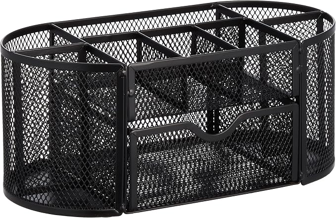 Amazon Basics Mesh Desk Organizer with Pen Holder, Pullout Drawer and Office Caddy Storage, 9.25" x 4.53" x 3.94", Black