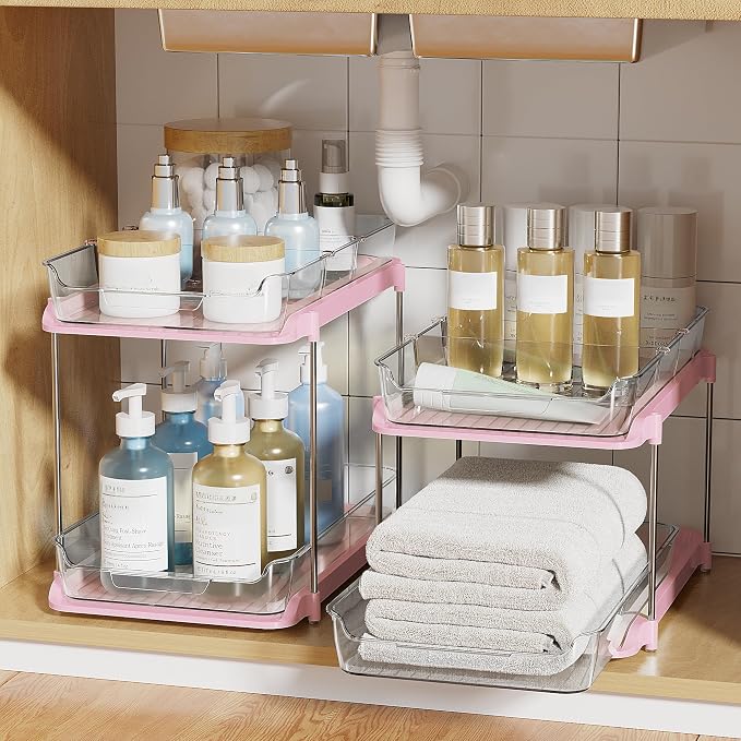 Delamu 2-Tier Multi-Purpose Bathroom Under Sink Organizers and Storage, Stackable Kitchen Pantry Organization, Pull Out Medicine Cabinet Organizer with Movable Dividers, Pink, 2 Pack