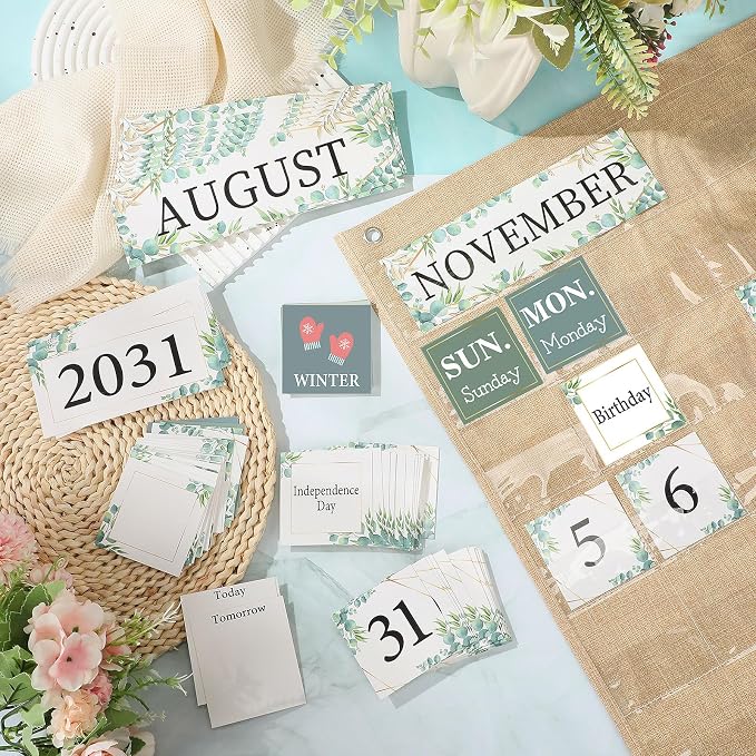 Sinload Classroom Calendar Pocket Chart Set Calendar Bulletin Board Set Seasons Festival Weather Pocket Chart for Classroom Decoration Back to School Supplies(Greenery,Wooden)