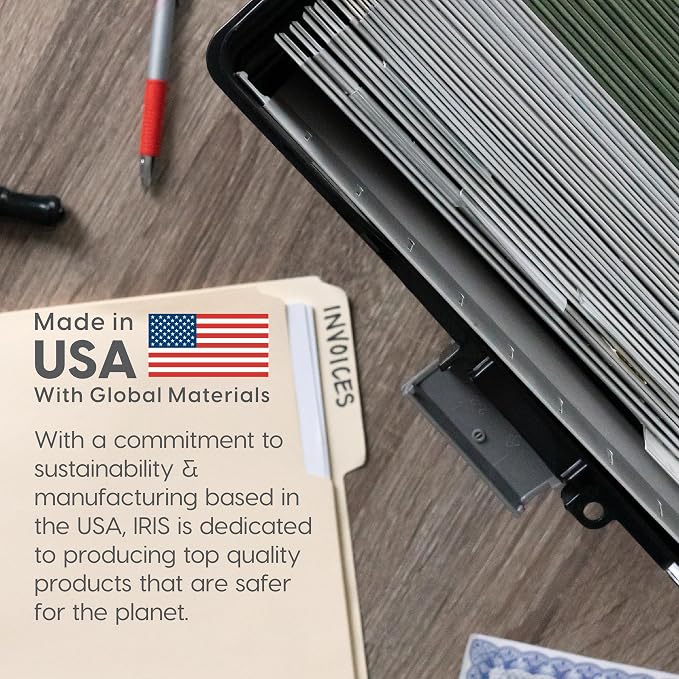 IRIS USA Portable File Box With Handle, Slim w/Organizer Lid, Plastic File Organizer Box for Letter Files, Hanging Filing Folder Organizer, Lockable, Secure Buckle, Black