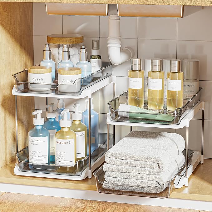 Delamu 2-Tier Multi-Purpose Bathroom Under Sink Organizers and Storage, Stackable Kitchen Pantry Organization, Pull Out Medicine Cabinet Organizer with Movable Dividers, Grey, 4 Pack