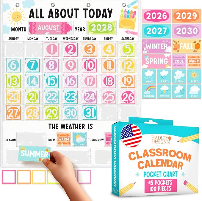 Large 45 Pockets Classroom Calendar Pocket Chart - 24x29" Pocket Calendar, Teacher Calendars Bulletin Board Set, Elementary Kindergarten Preschool Classroom Decor, Crayon Bulletin Board Decorations