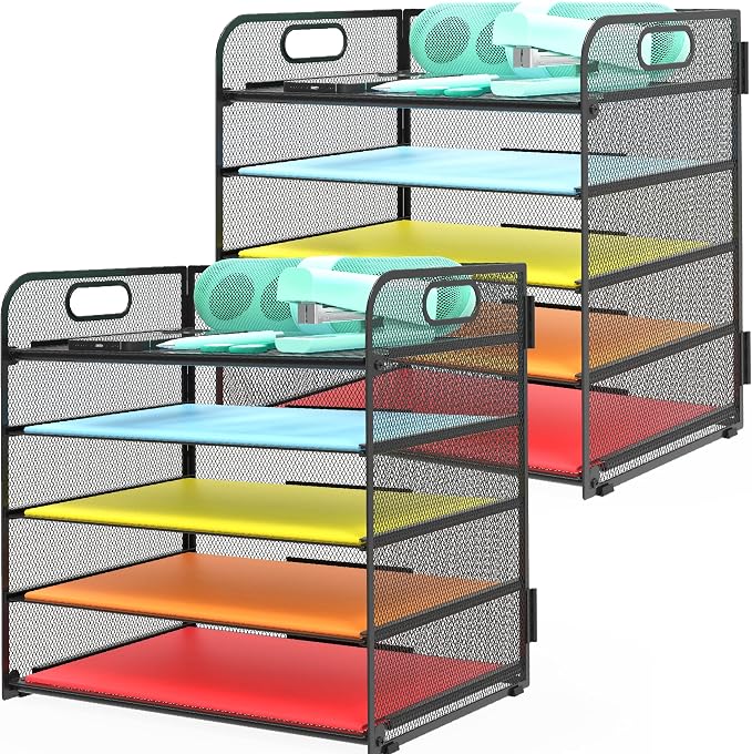 2 Pack Letter Tray 5-Tier Desk Organizer File Paper Holder with Handle, Metal Desktop Document Shelf Tray Office Classroom Organization - Black