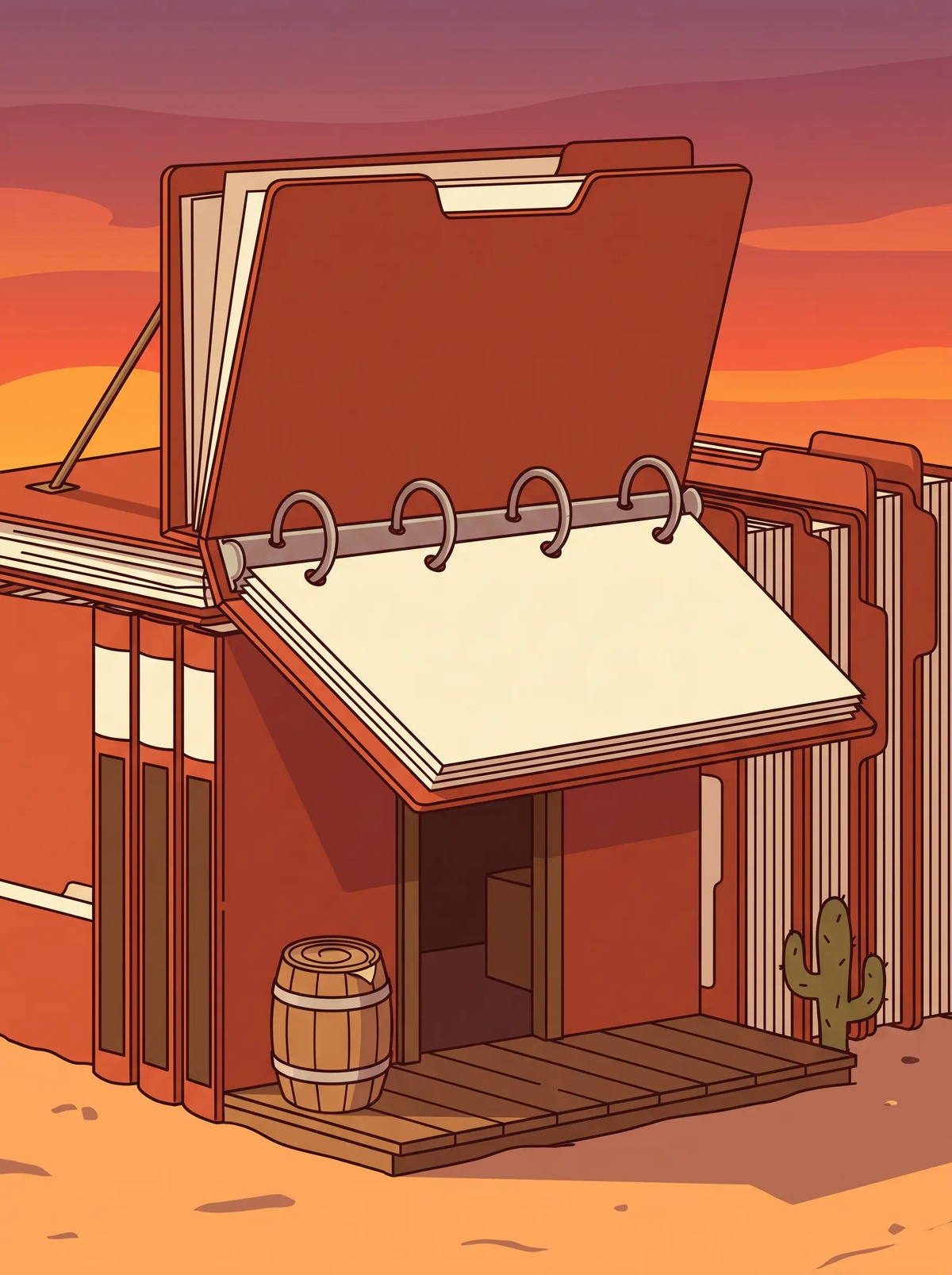 Deskperado general store illustration in a desert frontier town, symbolizing quality office supplies with character